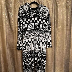 PINK Victorias Secret Black White Winter Sherpa Hood Zip Romper Small